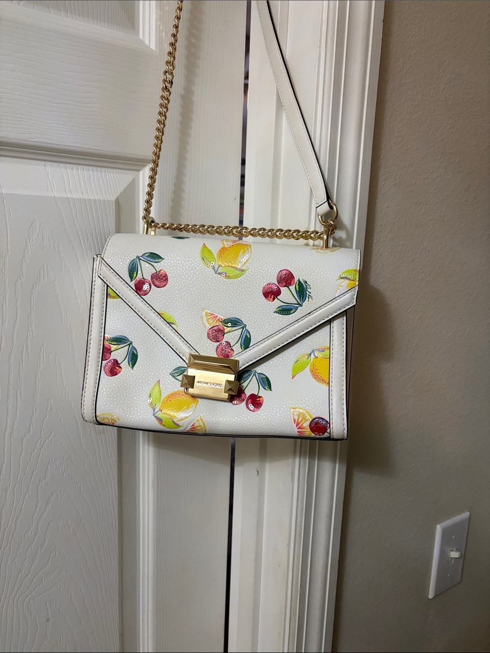 Michael Kors White Leather Fruit-Print Chain Shoulder Bag
